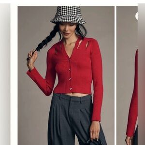 Anthropologie red ribbed sweater with cut outs
